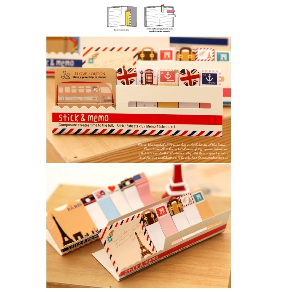 4pcs Vintage stick& memo sheets sticker Travel London bus Paris tower Post paper note it marker Stationery office School A6511