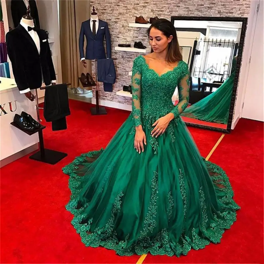 

Vestido longo festa 2022 Green Lace Applique Evening Wear Long Sleeve Plus Size Prom Gowns Robe de soiree Formal Evening Dresses