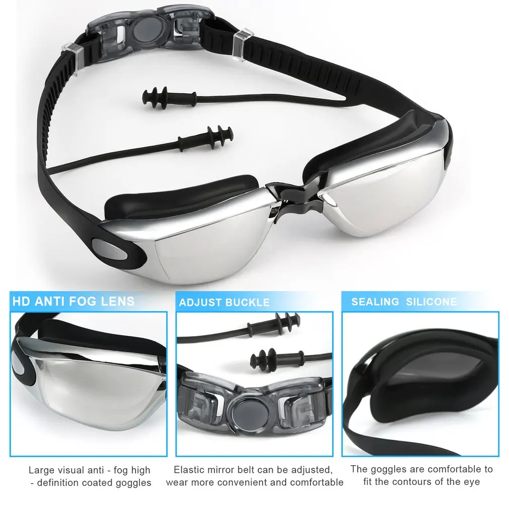 

Clear Waterproof Smooth No Leaking Anti-Fog Adjustable Headband Soft Silicone Swim Goggle With Free Earbub Nose Clip