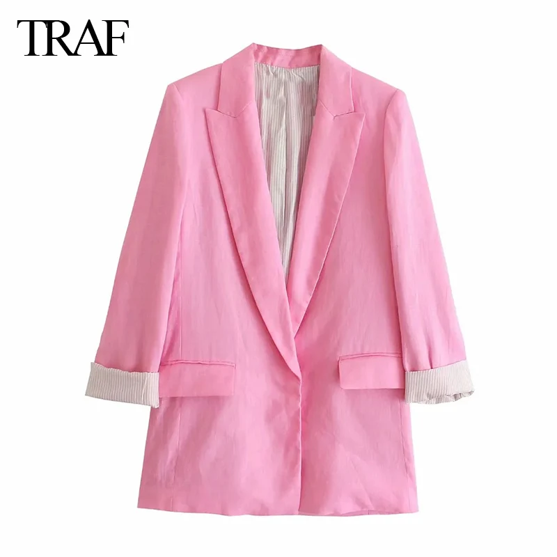 

TRAF Za Stripe Print Cuff Woman Blazers Vintage Pink Green Lapel Long Sleeve Summer Blazer Fashion Flap Pocket Chic Ladies Top