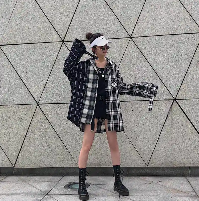 NiceMix Harajuku женские рубашки с длинными рукавами в клетку в стиле пэчворк BF женские блузки с отложным воротником в Корейском стиле Mujer блузка
