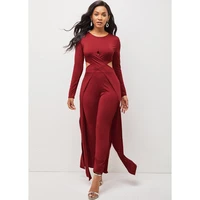 womens 2021 autumn winter new 2 piece suit solid color full sleeve pullover hollowed cross long cloaktight long pencil pants