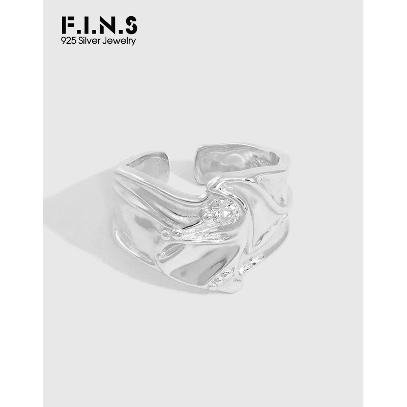 

F.I.N.S Korea Fashion Irregular Surface S925 Sterling Silver Ring Delicate Zircon Inlaid Wide Opening Finger Cuff Ring Fine 925