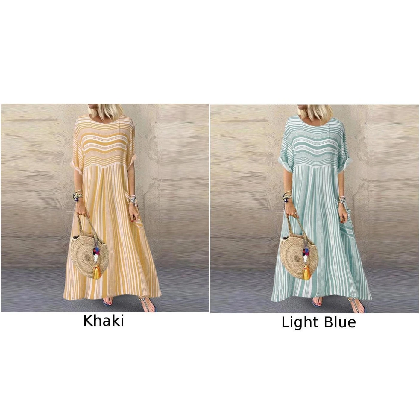 Летнее платье свободное Полосатое с круглым вырезом и короткими рукавами