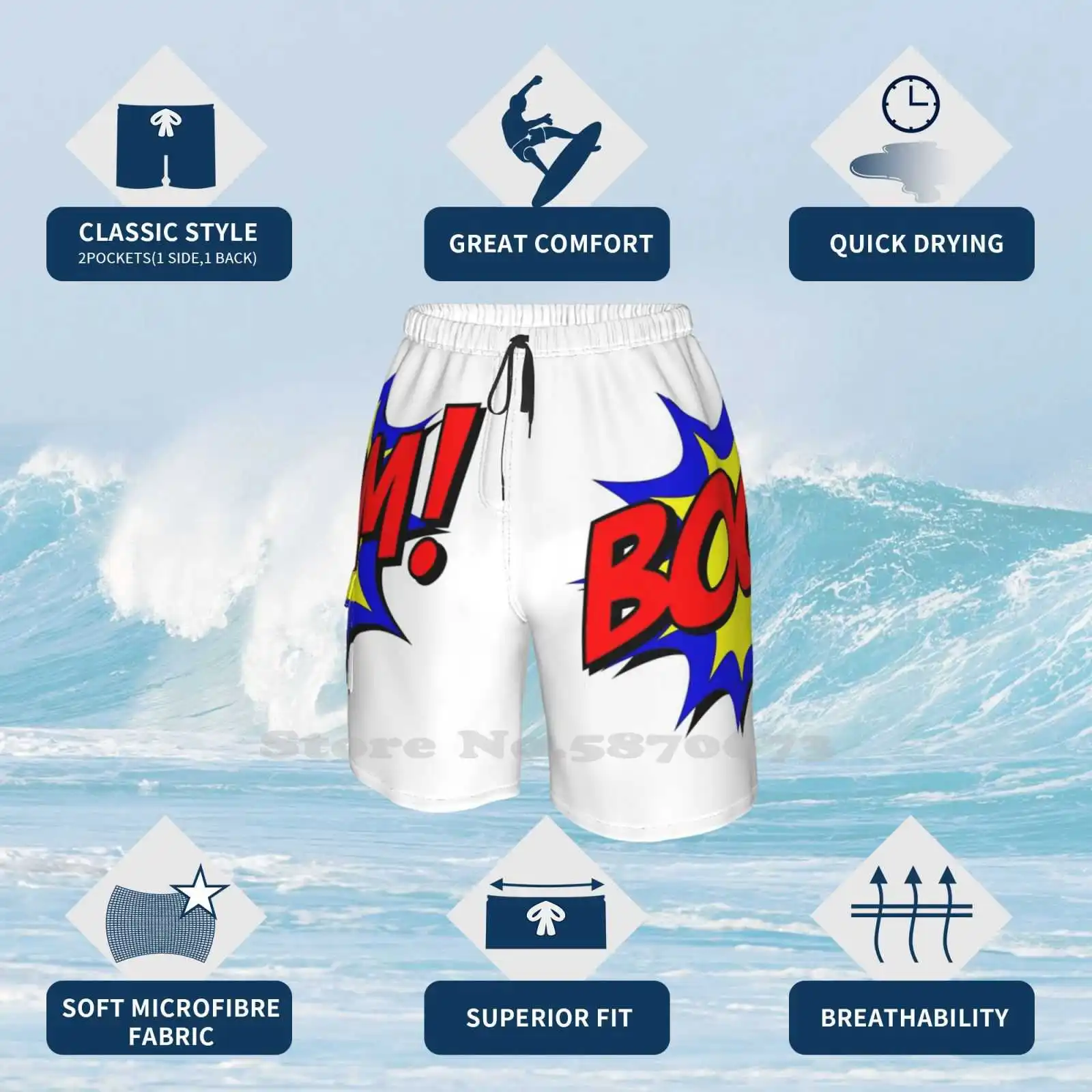 Модные новые мужские пляжные шорты комикс бум-бум дуб комикс-книга обзор бум |