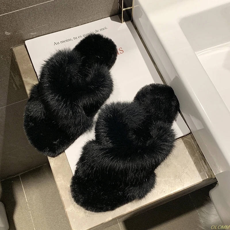 

soft rabbit fur slippers women cross band black furry flat sandals 2020 winter long plush slides female pantufa terlik