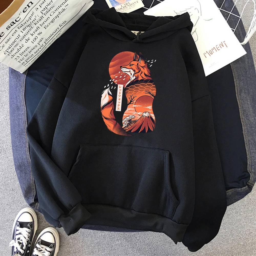 

Men Women Hoodie Anime Cartoons Japanese Fox Ukiyo E Print Clothes Autumn Hooded Pullover Sweatshirt Harajuku Clothes Streetwear