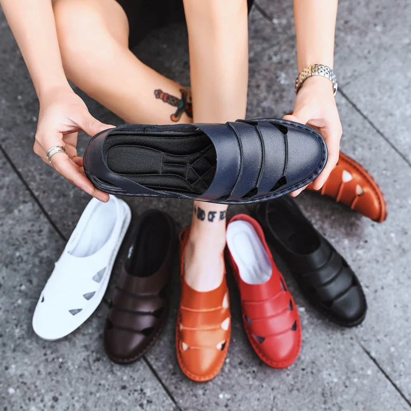 

Men Sandals 2019 Summer Men Shoes High Quality Leather Casual Loafers Male Flats Big Size 38-48 Footwear Drop Ship