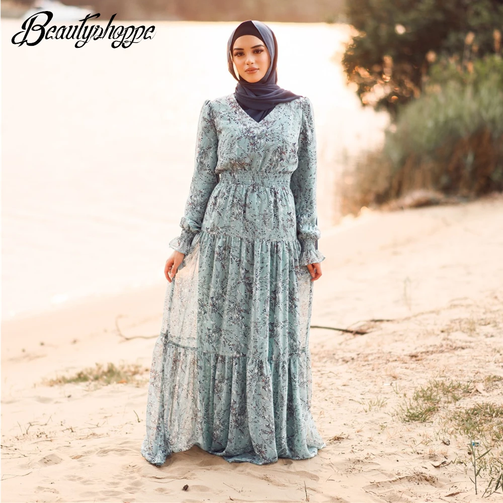 Женское платье макси с цветочным принтом элегантное V-образным вырезом и длинным