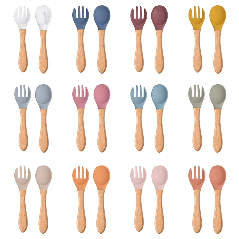 

2Pcs Silicone Tips Baby Feeding Training Spoon and Fork Set with Wooden Handle Toddlers Infant Eat Independent Accessory J60B