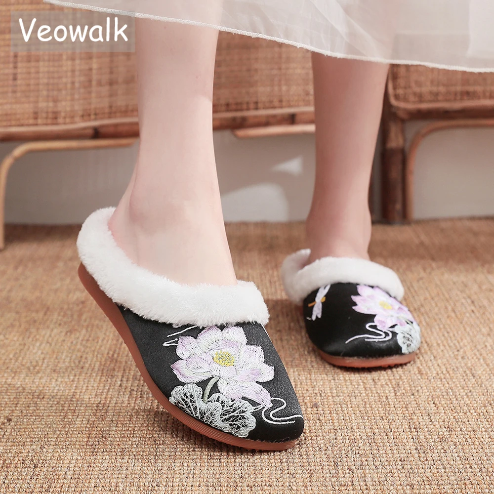 

Мюли Veowalk женские хлопковые, теплые мягкие легкие тапочки на плоской подошве, с плюшевой подкладкой, с вышивкой, белые, черные, красные, зима