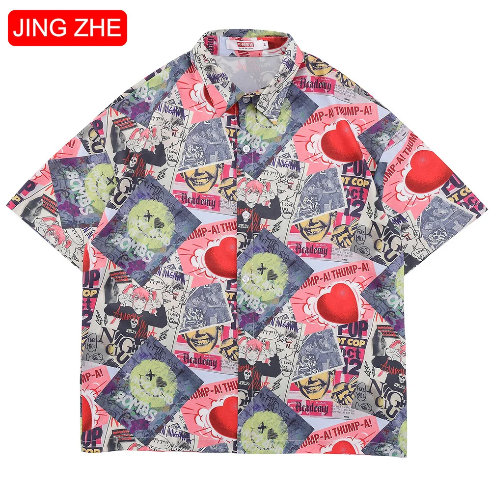 

JING ZHE Men's Shirt Hip Hop Comics Picture Patchwork Print Shirts Thin Short Sleeve Baggy High Street Fashion Streetwear Summer
