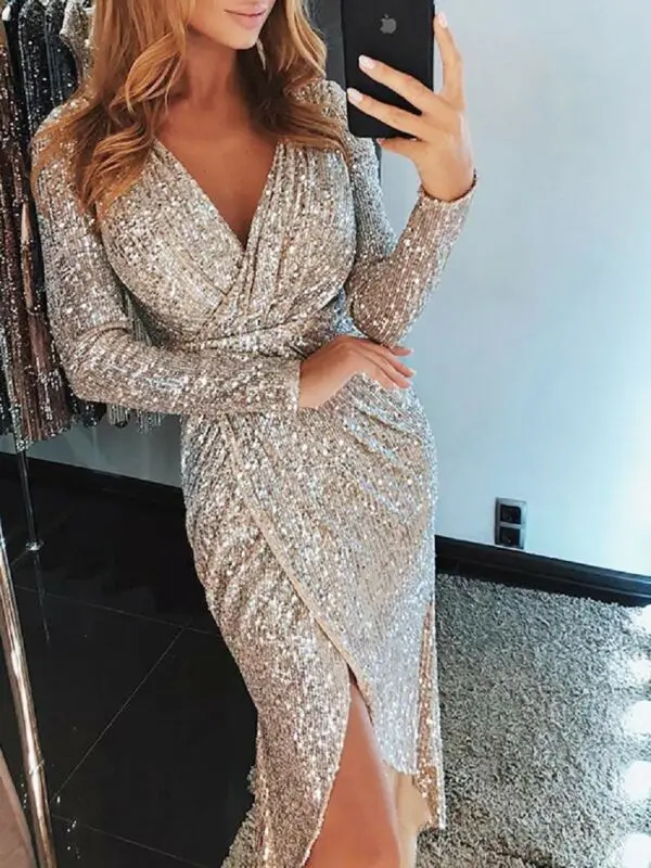 Women Glitter Sequined Dresses Long Sleeve Split Dress Deep V Neck Elegant Evening Club Party Bodycon Slim 3Colors | Женская одежда