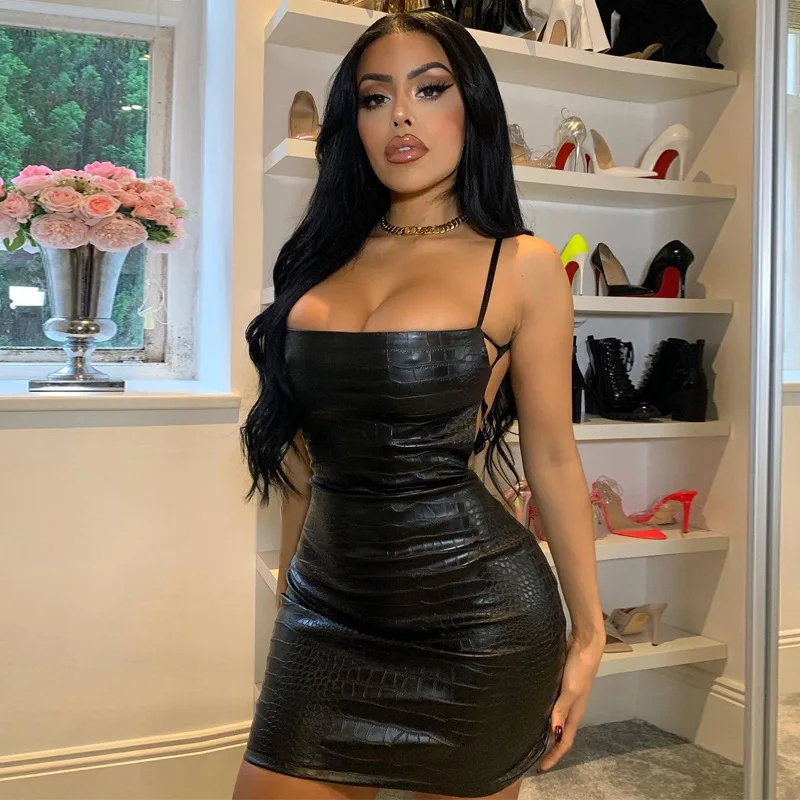 

Демисезонное однотонное мини-платье из искусственной кожи, без рукавов, с вырезом-лодочкой, с открытой спиной, осенне-зимняя женская модная ...