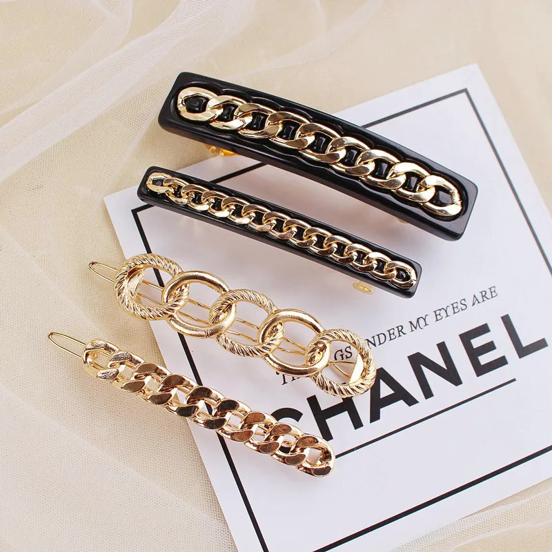 

Hot Selling Fashion Acrylic Metal Chain Hair Clip Pin Barrette Korean Hair Accessories Geometric Gold Color Hair Clips for Women