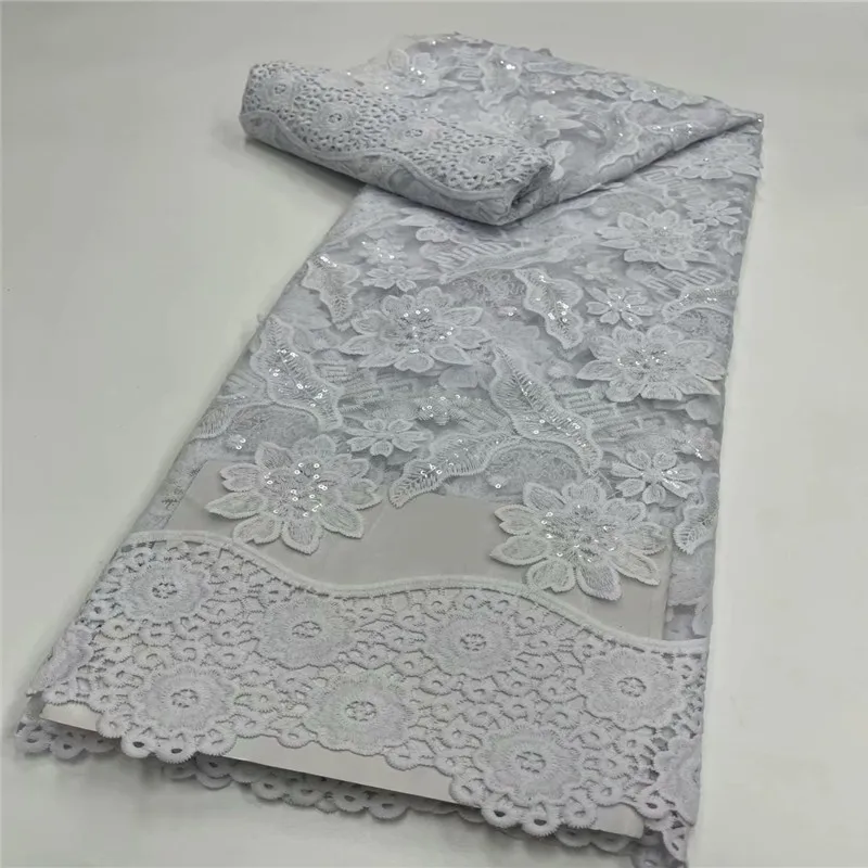 

White African Lace Fabric 2021 High Quality Guipure Lace Fabric With Sequins Latest French Cord Lace Fabric For Wedding 5 Yards