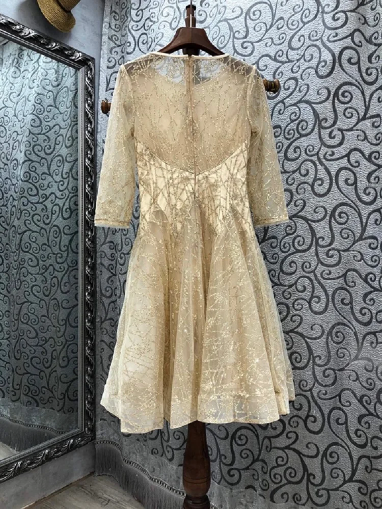 

Sequined Embroidery Dress 2021 Spring Summer Party Club Women Luxurious Embroidery 3/4 Sleeve Slim Fitted A-Line Golden Dress
