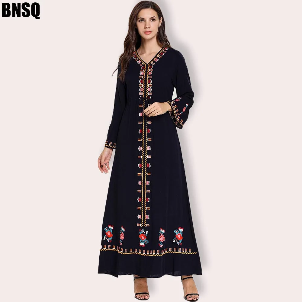 Платья с вышивкой BNSQ 2019 женский мусульманский свободный однотонный халат abaya