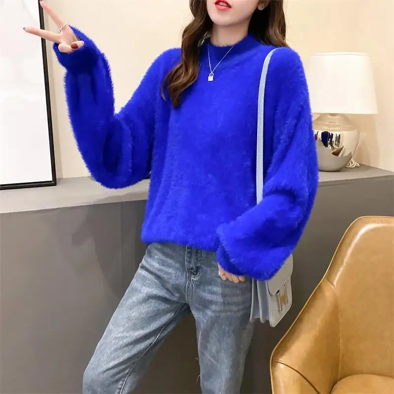 

autumn Winter White Mohair Thicken Turtleneck Sweaters Women Fashion Lantern Sleeve Knittwear Casual Solid Pullover Pull Jumpers