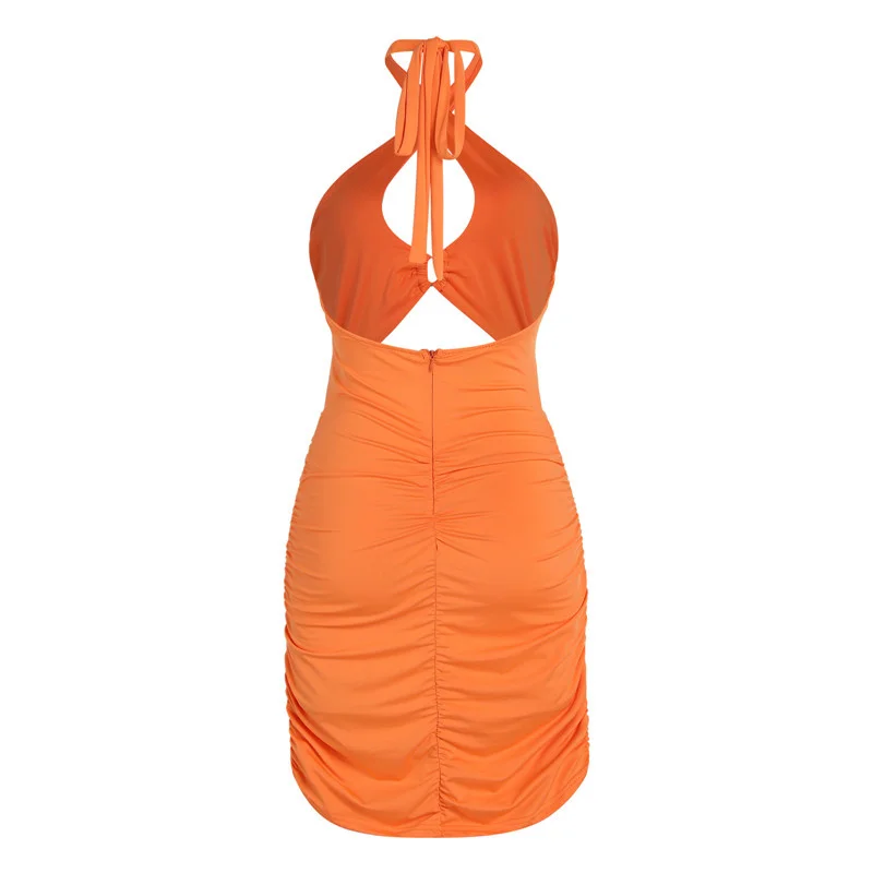 

CHRONSTYLE Ribbed Hollow Solid Skinny Mini Dress Women Casual Streetwear Neck-Mounted Sexy Backless Bodycon Female Outfits Dress