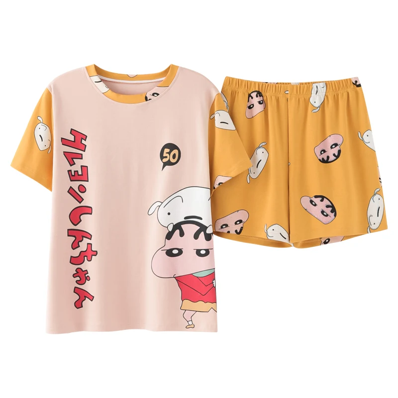 

summer 2 Piece Set Soft And Comfortable Pajamas Set Japanese cute Cartoon Couple Homewear Splicing O-neck Women Cotton Nightwear