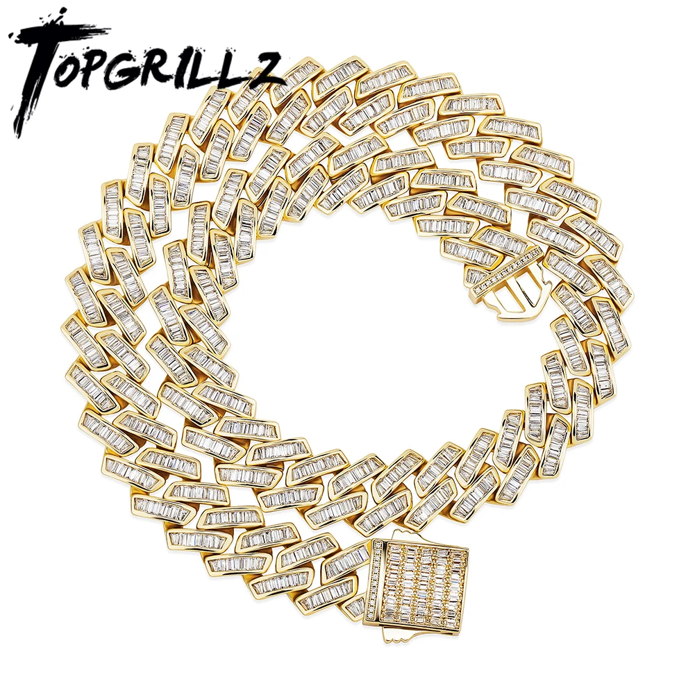 TOPGRILLZ 18mm Baguette Prong Cuban Link Necklace CZ Iced Out Chain Hip Hop Fashion Luxury Bling White Gold For Gift | Украшения и
