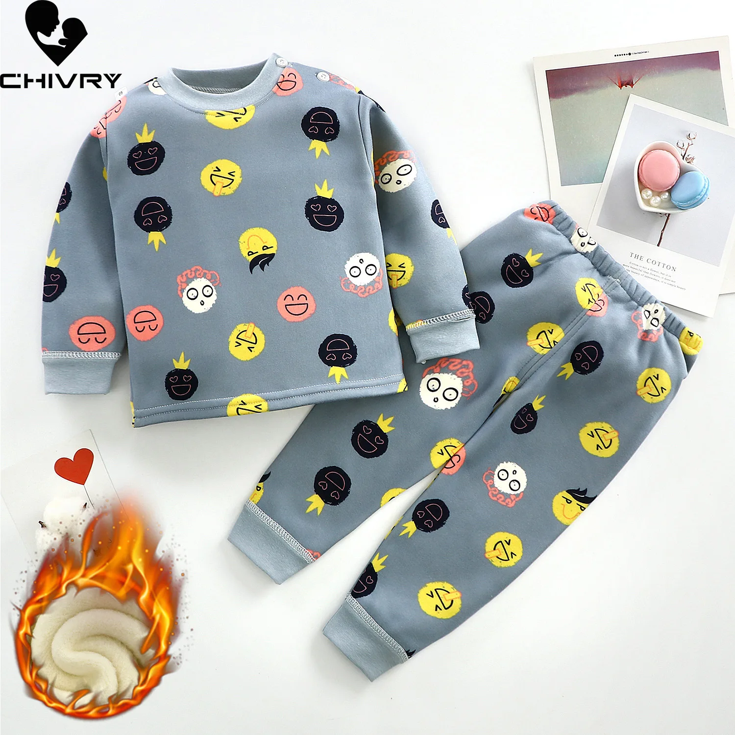 

New 2022 Kids Boys Thicken Pajama Sets Cartoon O-Neck Tops with Pants Baby Girls Autumn Winter Soft Warm Sleeping Clothing Sets