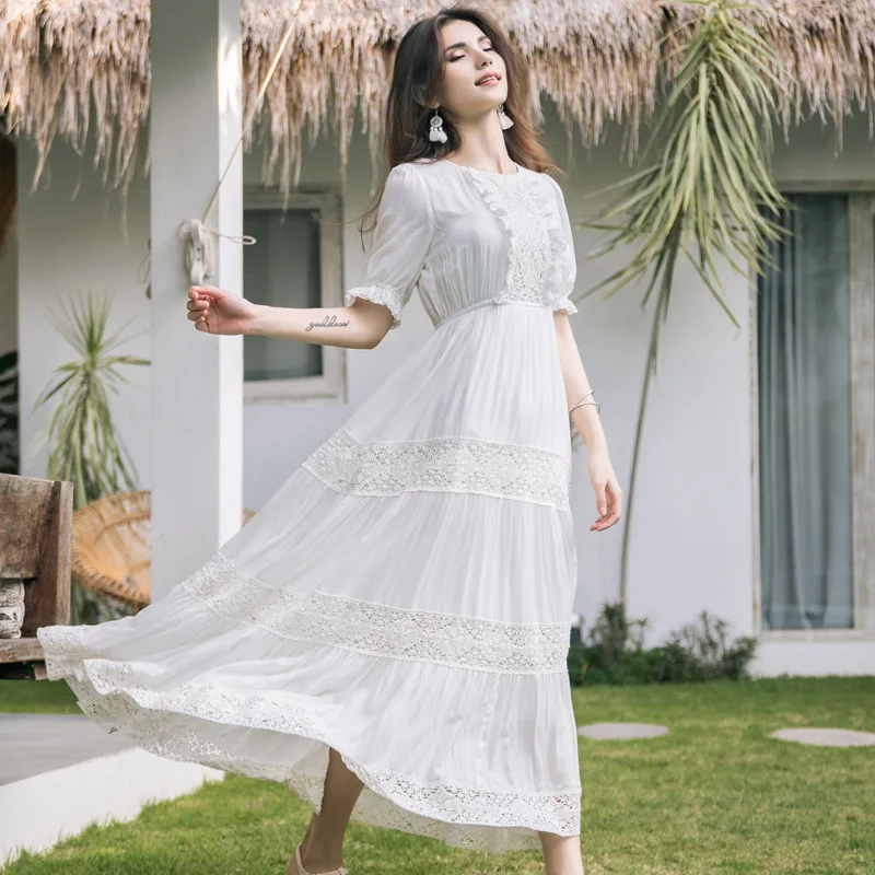 Ordifree летнее Boho женское Макси платье богемное белое кружевное хлопковое длинное пляжное платье-туника праздничная одежда