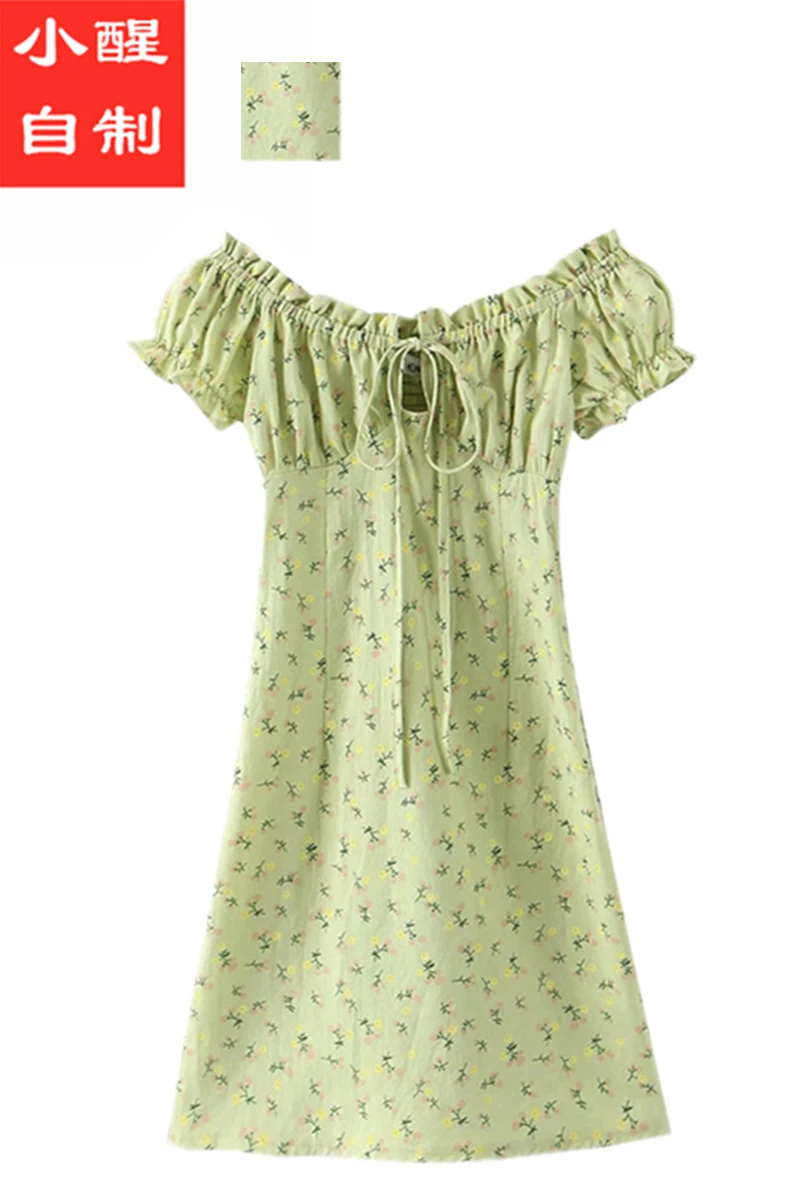 

Summer New Slim One Neck Sexy Short Skirt with Buttocks and Back Pleated Elastic Print Lace Up Dress for Women