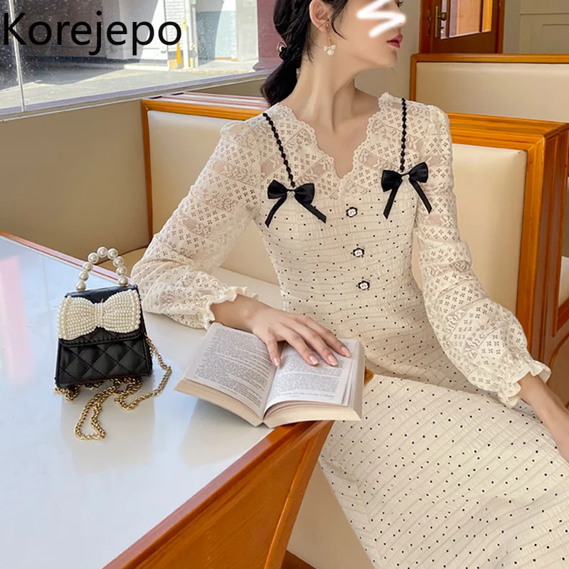 

Корейское женское платье, Новинка осени 2021, французское ретро элегантное волшебное длинное платье из двух частей в горошек с бантом