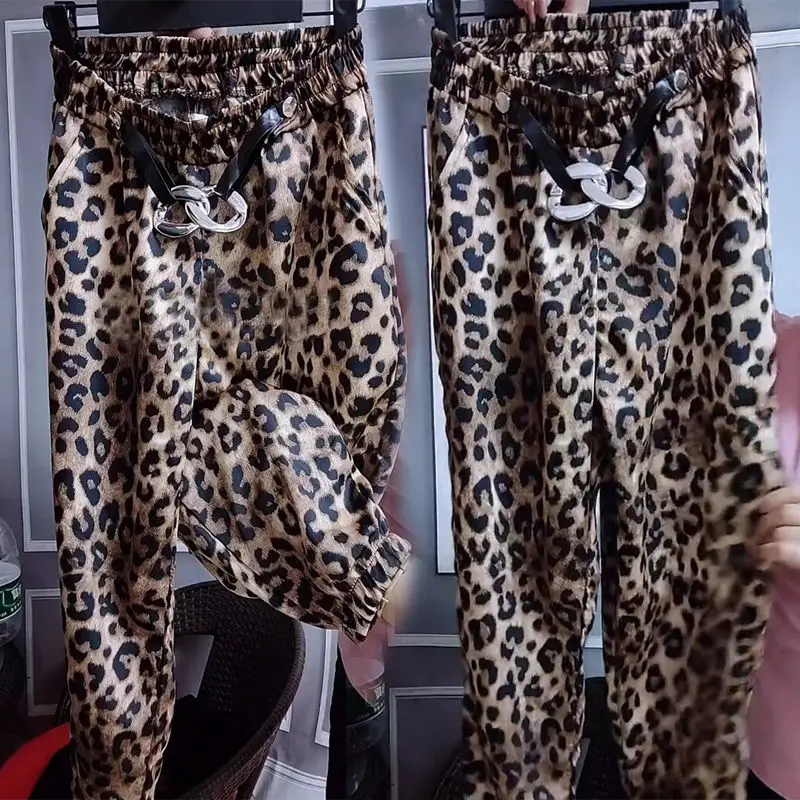 

Summer Thin Leopard Printed Pants Women's High Waist Chiffon Cropped Pants Loose Bloomers Female Elastic Waist Woman Harem Pants