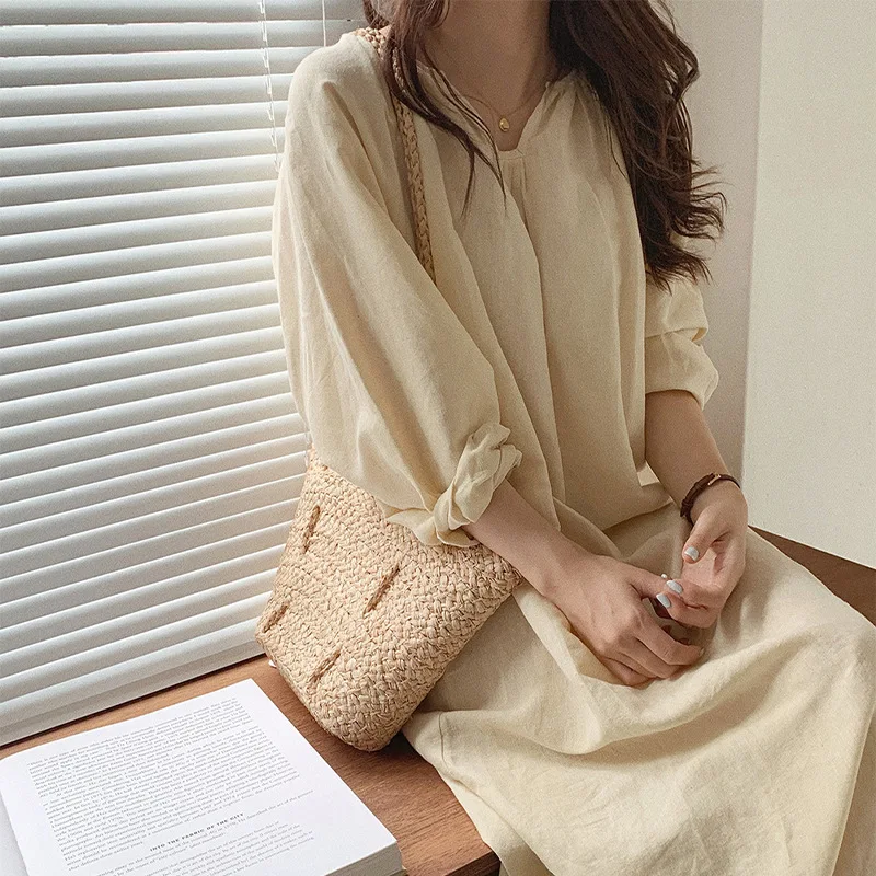 

100% Cotton Women Dress Casual Solid V-Neck Long Sleeve Spring Autumn Maxi Dresses For Women Homewear T20CLB1965P