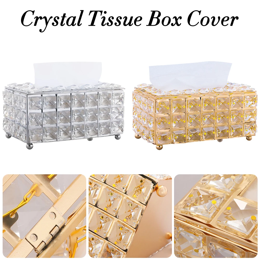 

Metal Tissue Box with Bling Crystal Storage Box Luxury Tissue Dispenser Home Desktop Creative Decor Organizer