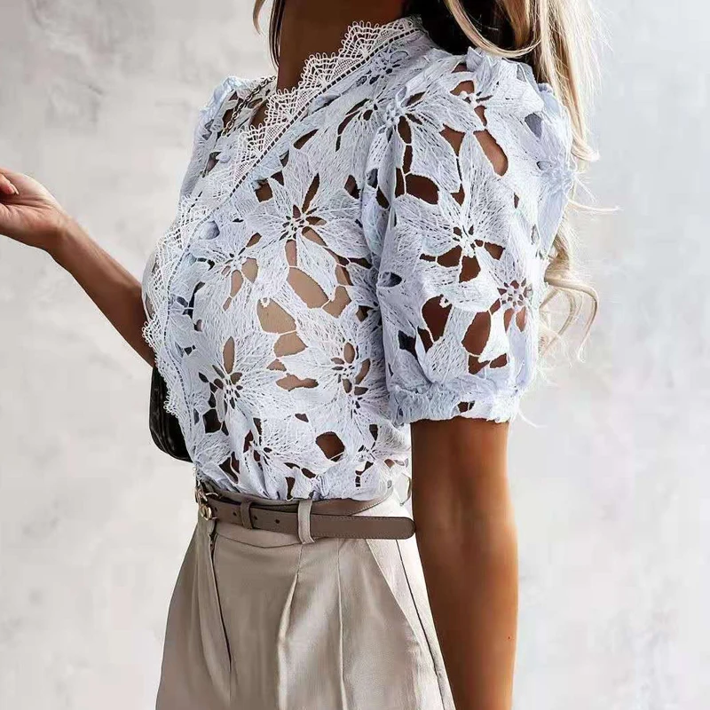 

2021 summer new lace color matching sexy hollow short-sleeved shirt T-shirt top