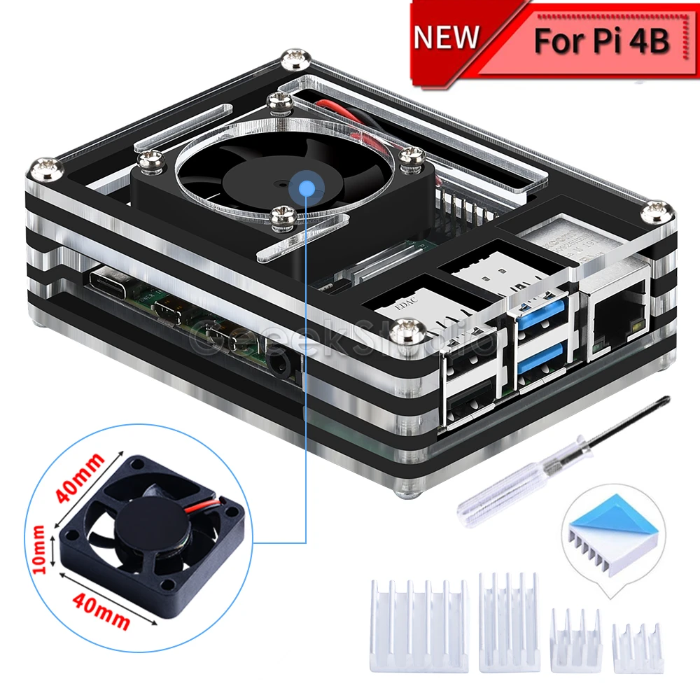 Акриловый прозрачный/прозрачный и черный чехол для Raspberry Pi 4 Model B с большим