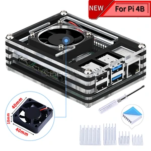 Акриловый прозрачныйпрозрачный и черный чехол для Raspberry Pi 4 Model B с большим вентилятором охлаждения 4010 для Raspberry Pi 4 B