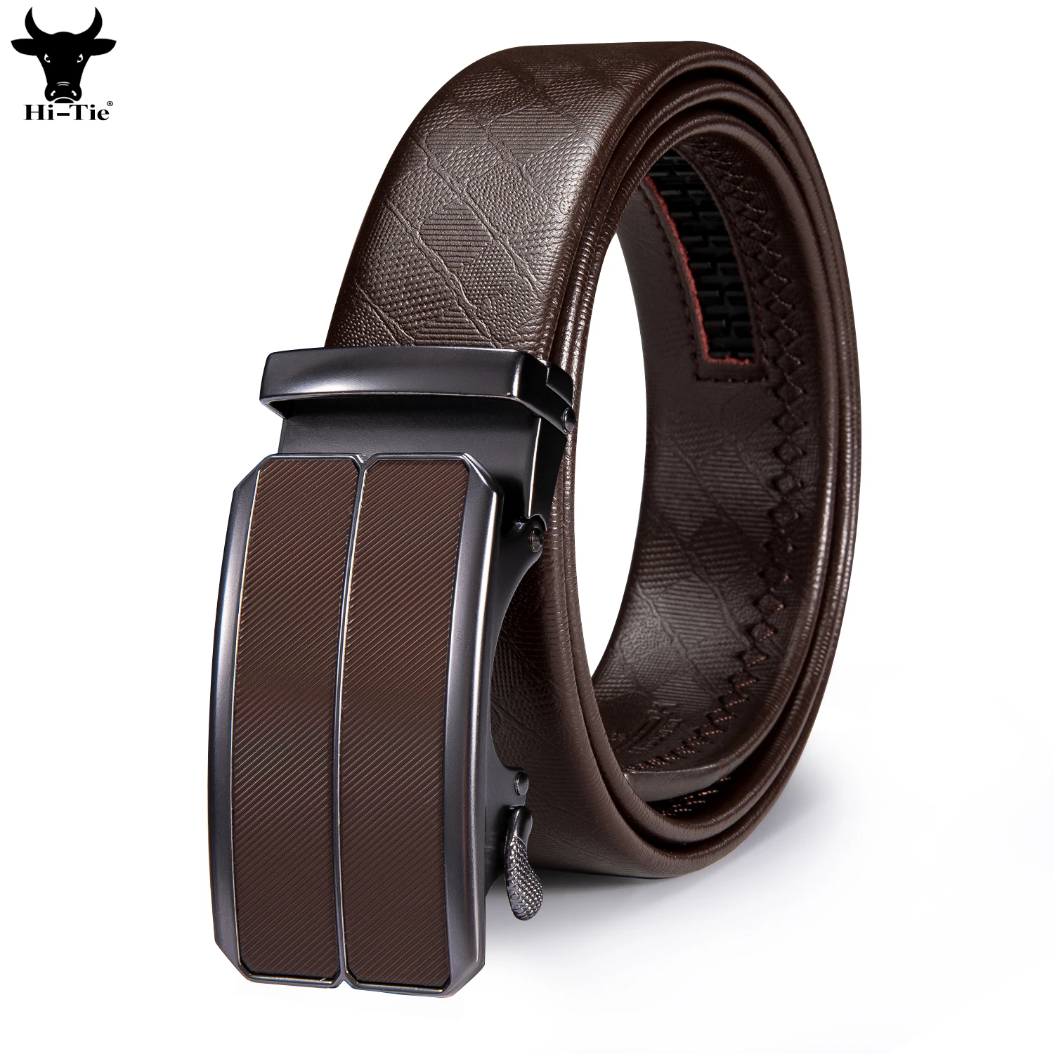 Designer Automatic Buckles Mens Belts Brown Genuine Leather Ratchet Waistband Belt for Men Dress Jeans Casual Formal Business XL