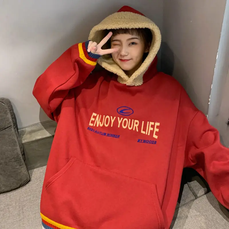 

cec thickened imitation lamb plush hooded sweater female autumn and winter loose Korean BF Harajuku lazy wind jacket