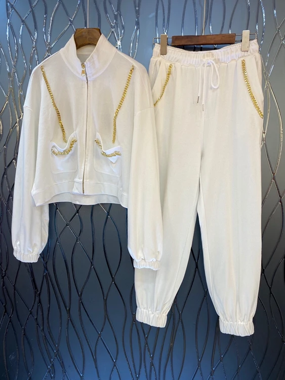 

2021 spring and summer new women's symmetrical pocket color matching chain decoration long-sleeved top + trousers 2-piece set 32