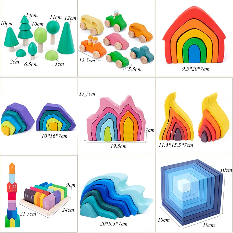 

Children's Montessori Wooden Building Blocks Early Education Educational Toys Tree Flame House Stone Rainbow Blocks Wooden Toys