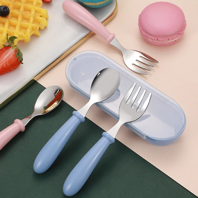 

3pcs Children's Tableware Set 304 Stainless Steel Portable Cute Children's Fork Spoon with Storage Box Baby Kindergarten Gift