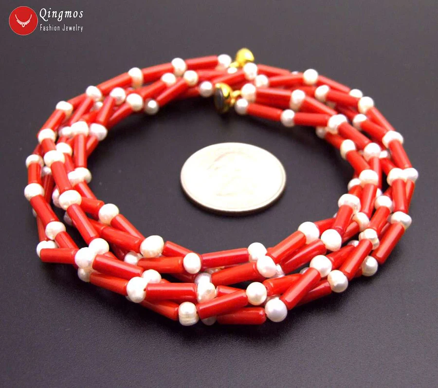 Qingmos Natural 3*9mm Thick Slice Red Coral Necklace for Women with 4mm Round White Pearl Jewelry 3 Strand Chokers 17'' | Украшения