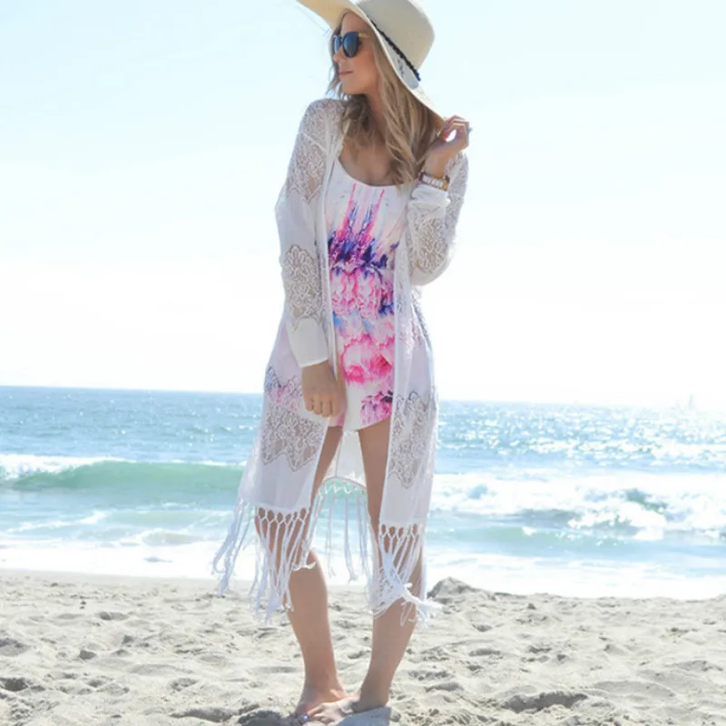 Женская блузка с бахромой TEELYNN белая кружевная накидка топ кисточками и длинным