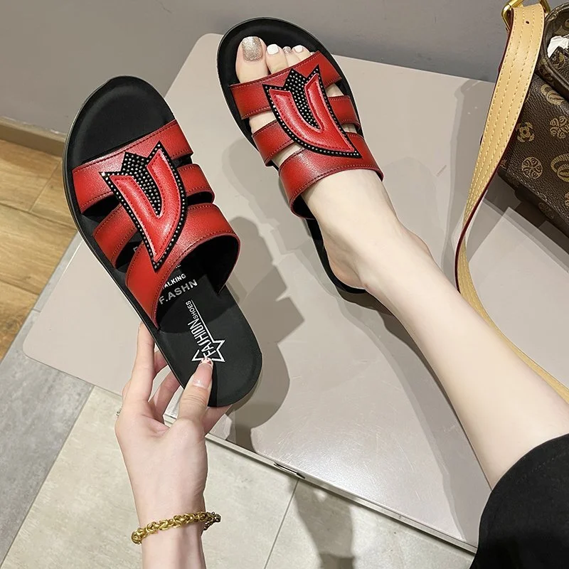 

Classic Women's Slippers 2021 Stitching Vamp Fashion Open-toed Rhinestones Modified Casual Wedge Heel Outdoor Women's Slippers