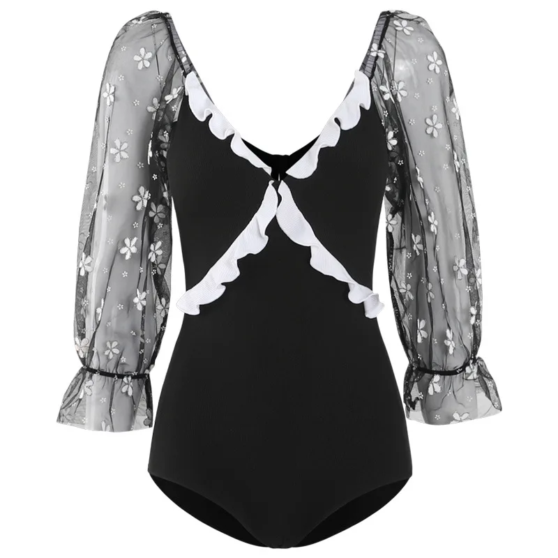 

Big Size Swimsuit Women One Piece Plus Swimwear Beachwear 2021 Sexy Neck Long Sleeve Lace Beach Cover Solid Cotton Sierra Surfer