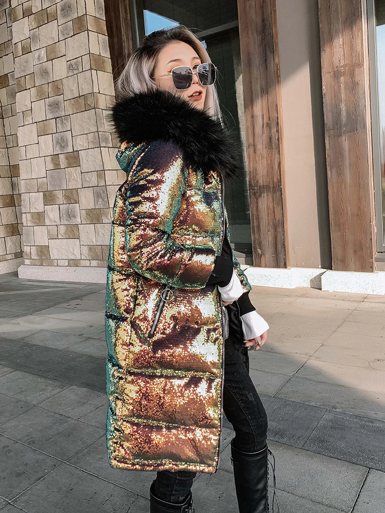 Модная зимняя длинная куртка с голограммой для девочек блестящее пальто