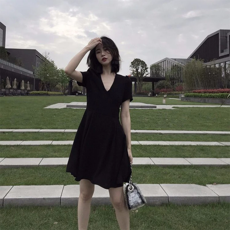 

Women's Spring Summer Dress Women's V-neck Solid Color Short Sleeve Temperament Elegant Ruffles Slim A-Line Dress SS1433