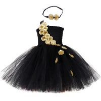 black gold flower petals tutu dress tulle girls evening pageant wedding dress children gown for girls kids birthday party dress