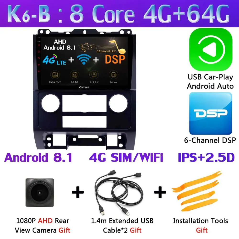 360 ° панорамный Android 9,0 4+ 64G DSP SPDIF CarPlay Android Авто Автомобильный мультимедийный плеер для Ford Escape Tribute 2007-2012 gps радио - Цвет: K6-B-CarPlay
