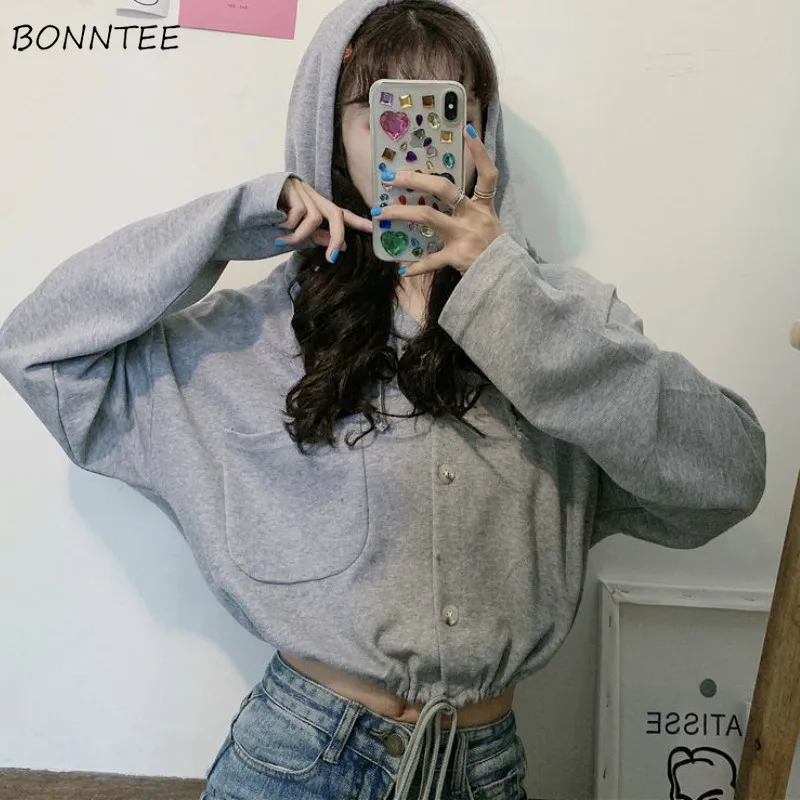 

Hoodies Women Autumn Hooded Single Breasted Adjustable Solid Pocket Drop-shoulder Short Tops Casual Chic Korean Style Loose New